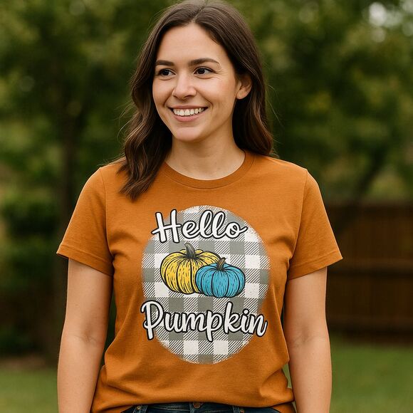 NEW Women's Size Small "Hello Pumpkin" Adiva Thanksgiving Shirt Copper Plaid - Picture 1 of 7